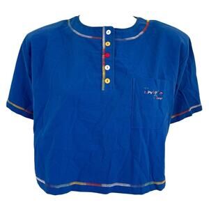 NWT VTG 1990 GITANO Short Sleeve Boxy Cropped Henley Shirt in Blue SZ L